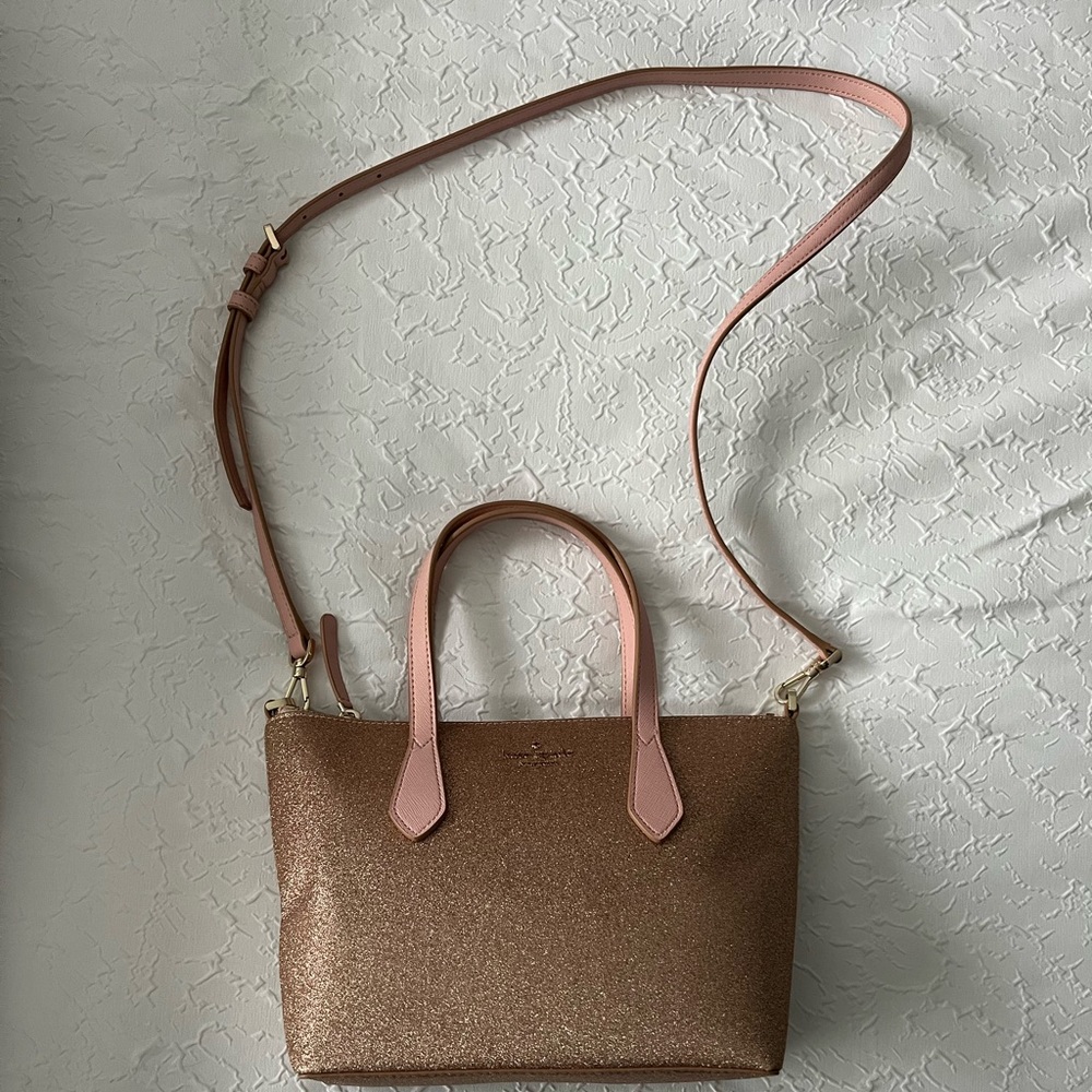 Holiday 2019 Kate Spade Rose Gold Sparkle Crossbody. Pink handles/strap.